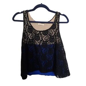 Phanuel Sleeveless Lace Overlay Top Black Nude Blue Layered Tank Small